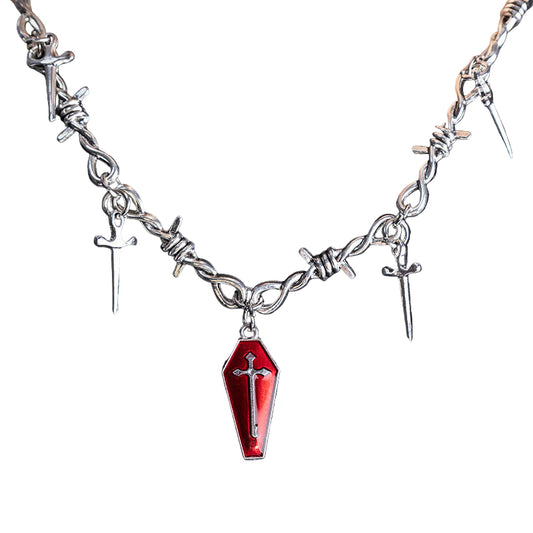 Necklace - Red Coffin With Daggers (Stainless Steel)